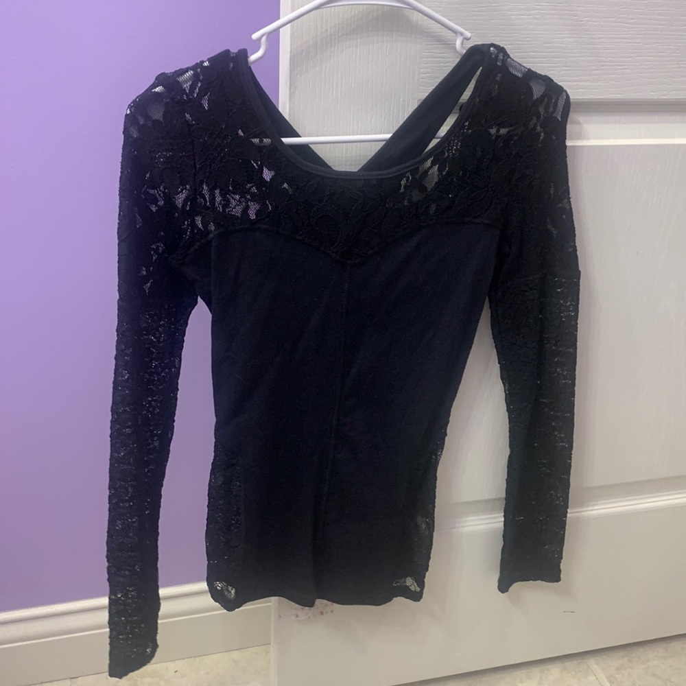 FREE PEOPLE Black lace criss cross top